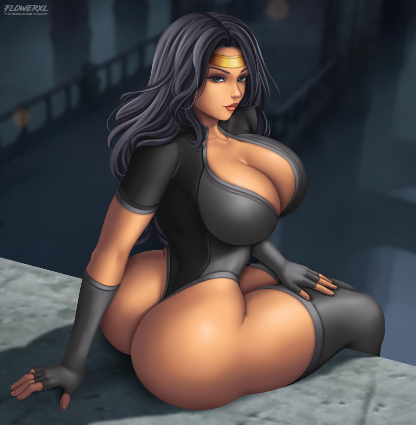 1girl 1girl absurd_res arm_support artist_name ass big_breasts black_hair black_leotard black_orchid black_thighhighs breasts cleavage closed_mouth collarbone commentary fingerless_gloves fingernails flowerxl gloves green_eyes headband high_res highleg highleg_leotard killer_instinct leotard lips long_hair looking_at_viewer short_sleeves simple_background skin_tight stockings tan watermark