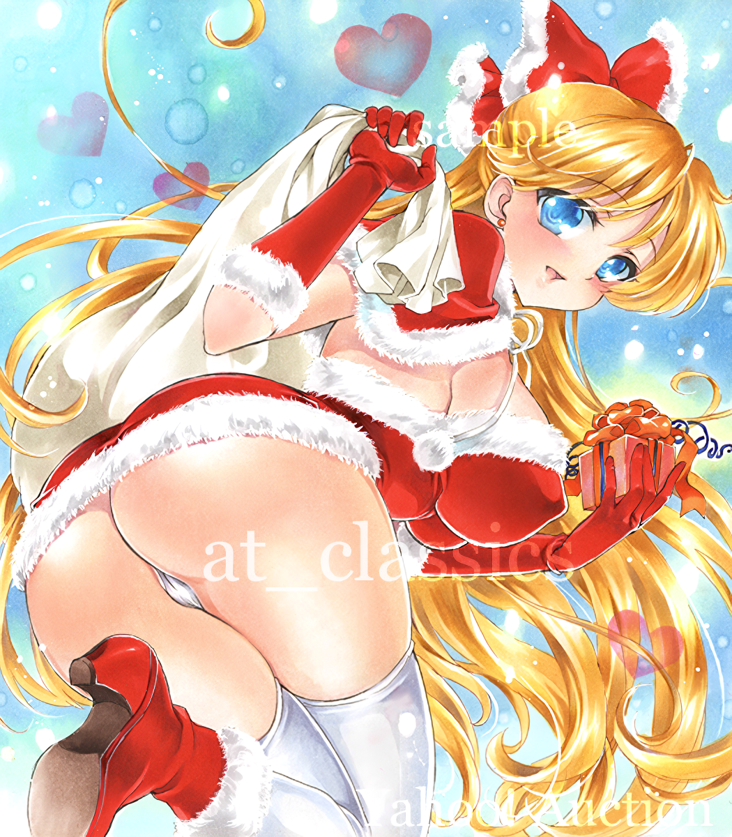 1girl 1girl adult_swim alluring artist_name ass at_classics bag big_breasts bishoujo_senshi_sailor_moon bishoujo_senshi_sailor_moon_r bishoujo_senshi_sailor_moon_r_the_movie bishoujo_senshi_sailor_moon_s bishoujo_senshi_sailor_moon_s_the_movie bishoujo_senshi_sailor_moon_supers bishoujo_senshi_sailor_moon_supers_the_movie blonde_hair blue_eyes bow capelet christmas covered_erect_nipples female_focus fur_trim gift gloves hair_bow heart holding holding_bag holding_gift long_hair looking_at_viewer minako_aino open_mouth panties red_bow red_gloves red_shoes sack sailor_venus sample_watermark shoes stockings toei_animation toonami traditional_media underwear very_long_hair watermark white_panties white_thighhighs