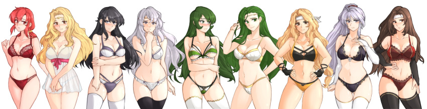 1girl 6+girls 9girls absurd_res alluring altena_(fire_emblem) alternate_costume annand_(fire_emblem) annoyed ass_visible_through_thighs ayra_(fire_emblem) bandana bangs bare_shoulders big_breasts bikini black_bikini black_bra black_gloves black_hair black_panties blonde_hair blush bra bridal_gauntlets brigid_(fire_emblem) brown_eyes brown_hair circlet cleavage clenched_hand collarbone cowboy_shot deirdre_(fire_emblem) edain_(fire_emblem) elbow_gloves embarrassed embarrassed_underwear_female erinys_(fire_emblem) ethlyn_(fire_emblem) euf female_only fingerless_gloves fire_emblem fire_emblem:_genealogy_of_the_holy_war fire_emblem:_thracia_776 gloves green_eyes green_hair green_panties grey_hair hand_on_hip hand_on_own_chest hands_on_hips headband high_res intelligent_systems ishtar_(fire_emblem) jewelry light_purple_hair lingerie long_hair looking_at_viewer looking_to_the_side medium_breasts medium_hair midriff mother_&_daughter multiple_girls navel nintendo own_hands_together panties ponytail purple_eyes purple_hair purple_panties red_bra red_eyes red_hair red_panties see-through siblings simple_background smile standing stockings stomach swimsuit take_your_pick thighs tridisart twins two-tone_bikini underwear very_long_hair wavy_hair white_background white_bra white_negligee white_panties yellow_bikini yellow_panties zettai_ryouiki
