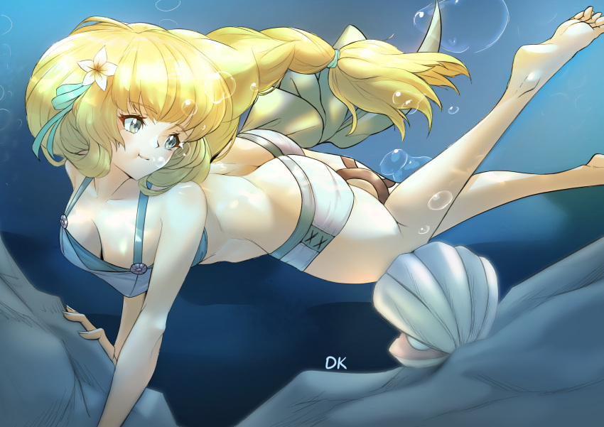 1girl alluring alternate_costume ass ass_cleavage ass_crack back bangs bare_legs bare_thighs barefoot big_ass bikini blonde_hair braid braided_ponytail butt_crack clam cleavage deekei female_only fire_emblem fire_emblem:_three_houses fire_emblem_heroes green_bikini green_eyes green_swimsuit ingrid_brandl_galatea intelligent_systems legs long_hair medium_breasts nintendo official_alternate_costume shell smile swimsuit thick_thighs thighs underwater very_long_hair