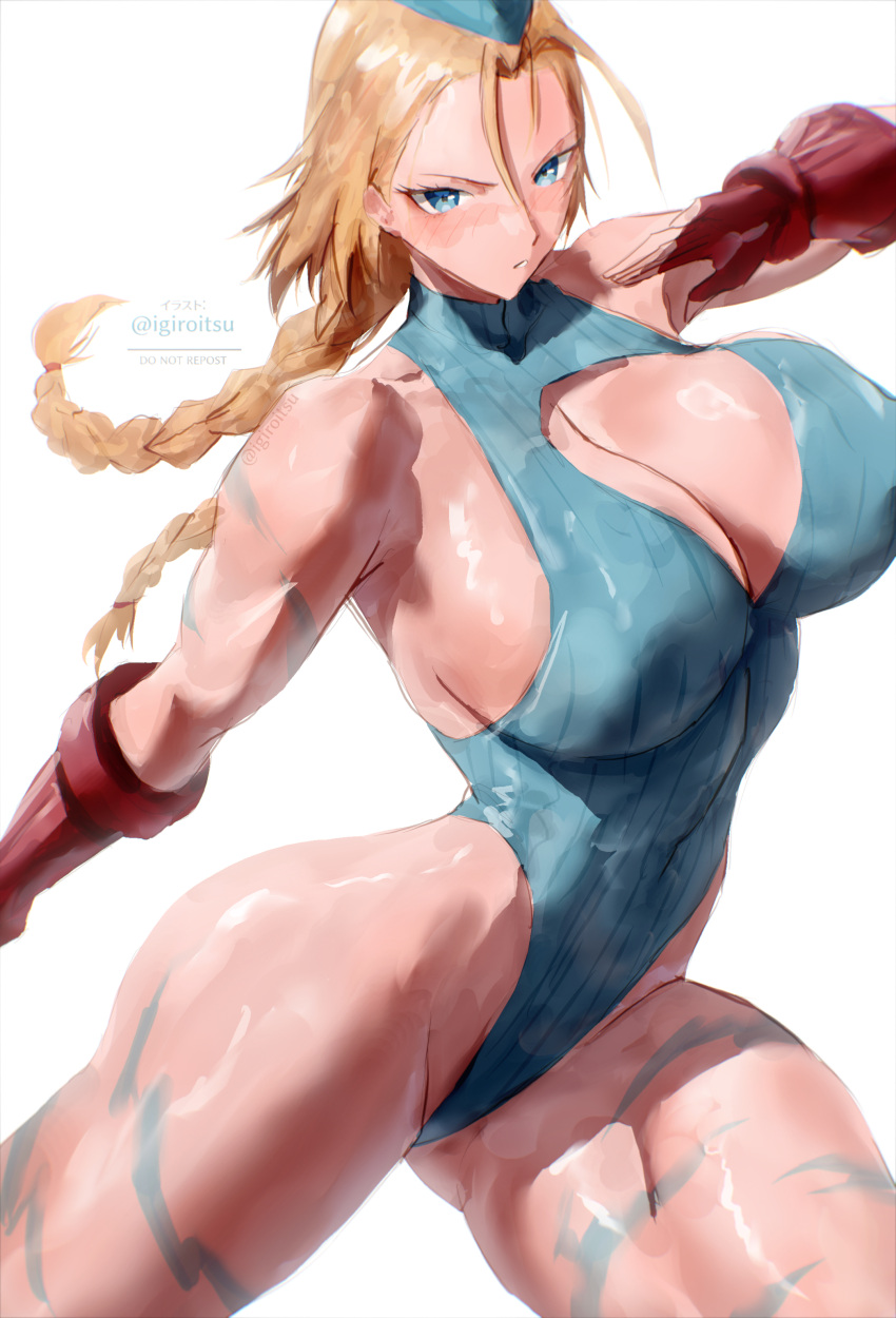 1girl big_breasts blonde_hair blue_eyes bubble_butt cammy_white cleavage horny igiroitsu inviting_to_sex looking_at_viewer pose standing street_fighter teasing thick_thighs