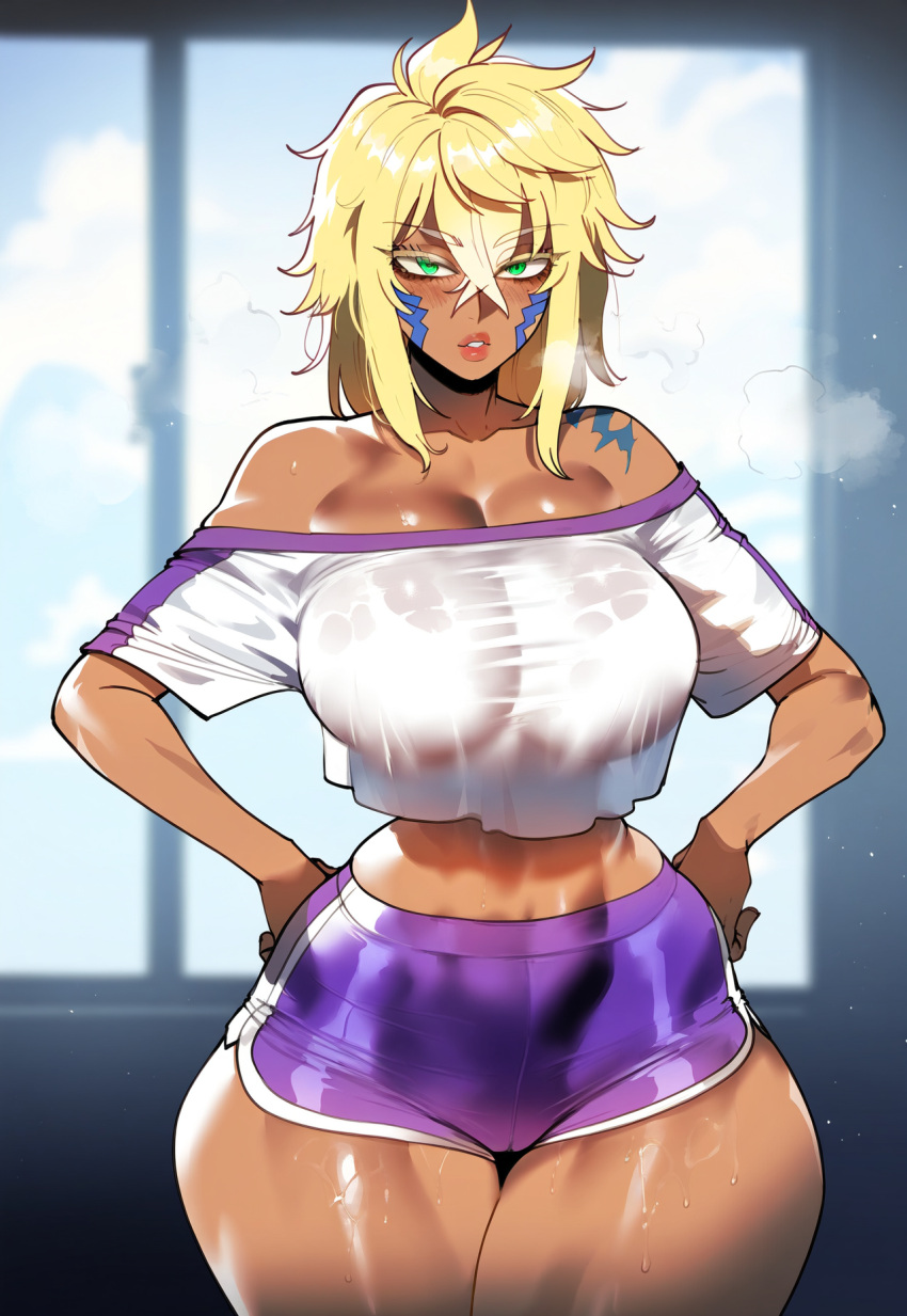 1girl ai_generated bleach blonde_hair curvy curvy_female curvy_figure dark-skinned_female gym_clothes long_sleeves tier_harribel