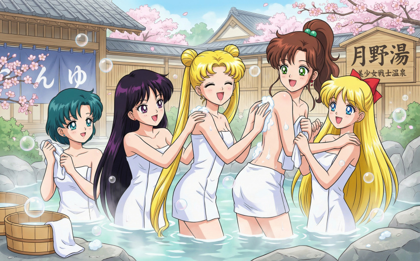 5girls accurate_art_style adult_swim alluring ami_mizuno bathing bishoujo_senshi_sailor_moon bishoujo_senshi_sailor_moon_r bishoujo_senshi_sailor_moon_r_the_movie bishoujo_senshi_sailor_moon_s bishoujo_senshi_sailor_moon_s_the_movie bishoujo_senshi_sailor_moon_supers bishoujo_senshi_sailor_moon_supers_the_movie black_hair blonde_hair blue_eyes blue_hair brown_hair green_eyes makoto_kino medium_breasts minako_aino naked_towel onsen purple_eyes rei_hino steam toei_animation toonami towel_only usagi_tsukino viz_media washing_another yak_manukan