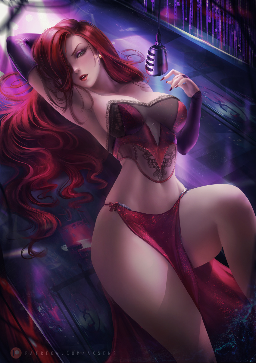 1girl alternate_costume arm_behind_head arm_up armpits axsens bare_legs bare_shoulders big_breasts blurry breasts bridal_gauntlets cleavage collarbone corset depth_of_field disney earrings eyeshadow female_only female_solo from_above green_eyes hair_over_one_eye half-closed_eyes hand_up head_tilt indoors jessica_rabbit jewelry knee_up legs lips lipstick long_hair looking_at_viewer lying lying_on_back lying_on_floor makeup microphone midriff nail_polish navel neck on_back on_floor open_mouth pelvic_curtain purple_bridal_gauntlets purple_eyeshadow red_hair red_lipstick round_teeth serious straight_hair strapless teeth thighs upper_teeth upper_teeth_only very_long_hair wavy_hair who_framed_roger_rabbit