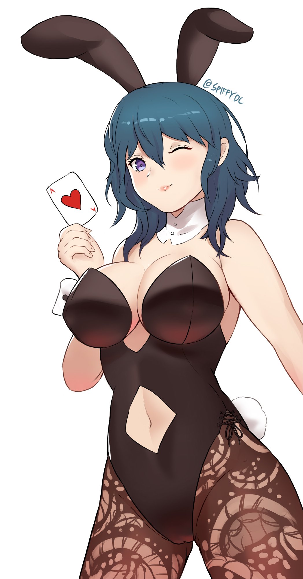 1girl 1girl alluring alternate_costume animal_ears big_breasts blue_eyes byleth_(fire_emblem) byleth_(fire_emblem)_(female) card closed_mouth clothing_cutout fake_animal_ears fake_tail female_focus fire_emblem fire_emblem:_three_houses high_res holding holding_card intelligent_systems medium_hair navel navel_cutout nintendo one_eye_closed pantyhose playboy_bunny playing_card rabbit_ears rabbit_tail simple_background smile spiffydc tail teal_hair twitter_username white_background wrist_cuffs