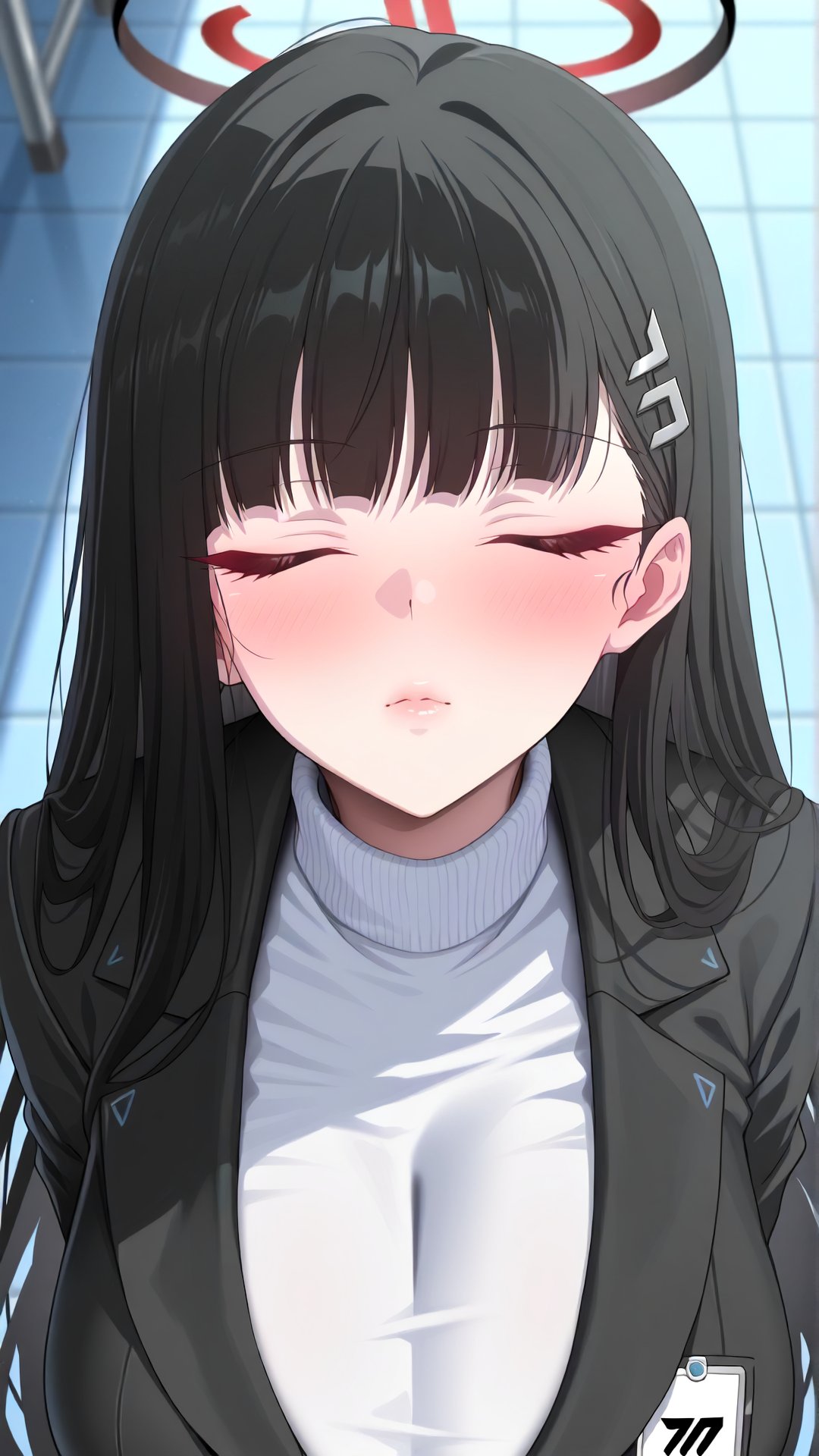 1girl ai_generated blue_archive blush breasts closed_eyes huge_breasts kissing light-skinned_female light_skin nikumist pov pov_kiss rio_tsukatsuki_(blue_archive)