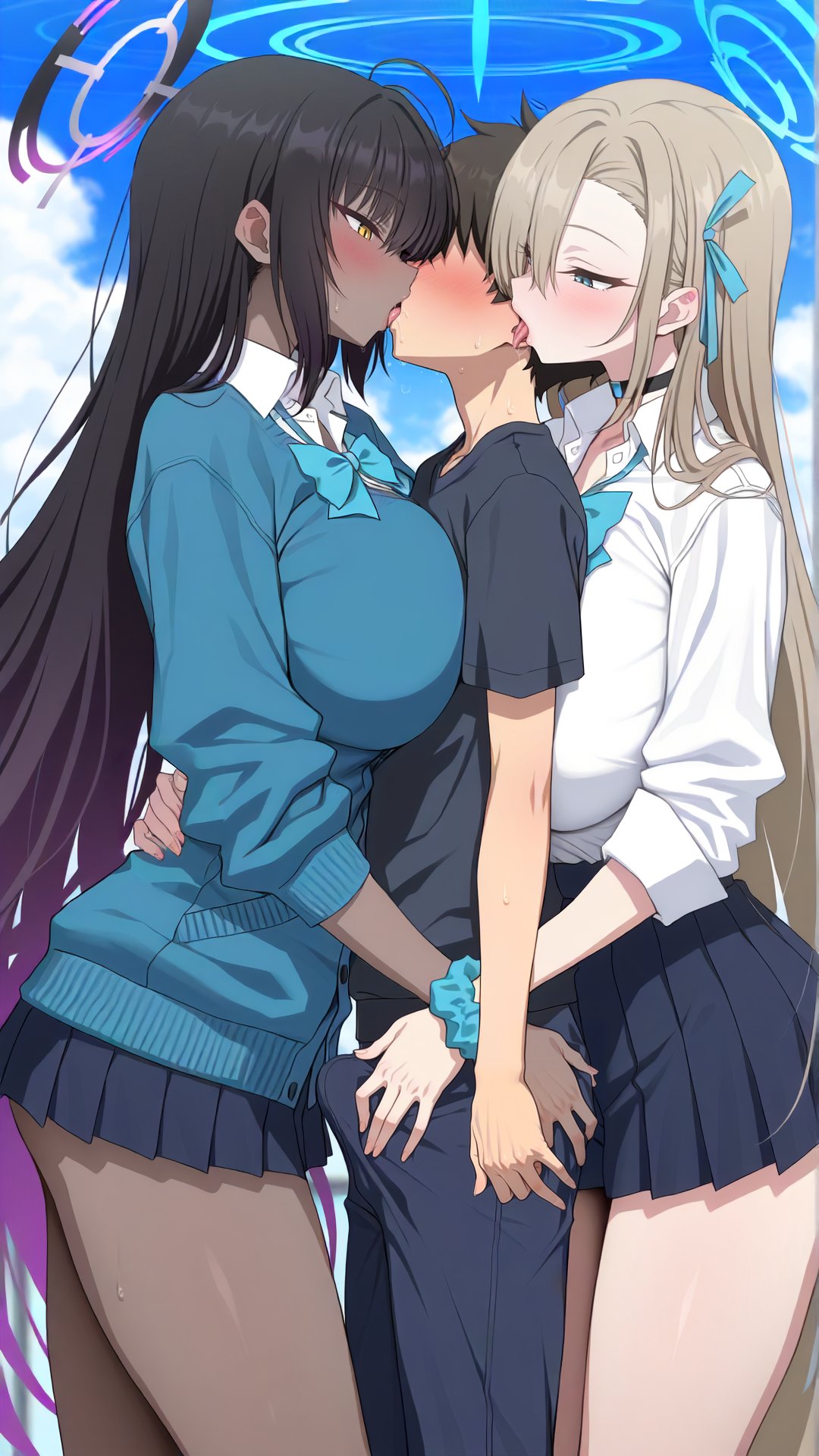 1boy 2_girls ai_generated ass asuna_(blue_archive) blue_archive blush breasts chocolate_and_vanilla dark-skinned_female dark_skin halo karin_(blue_archive) kissing licking light-skinned_female light_skin long_hair nikumist sweat sweatdrop thick_thighs thighs threesome tongue tongue_out