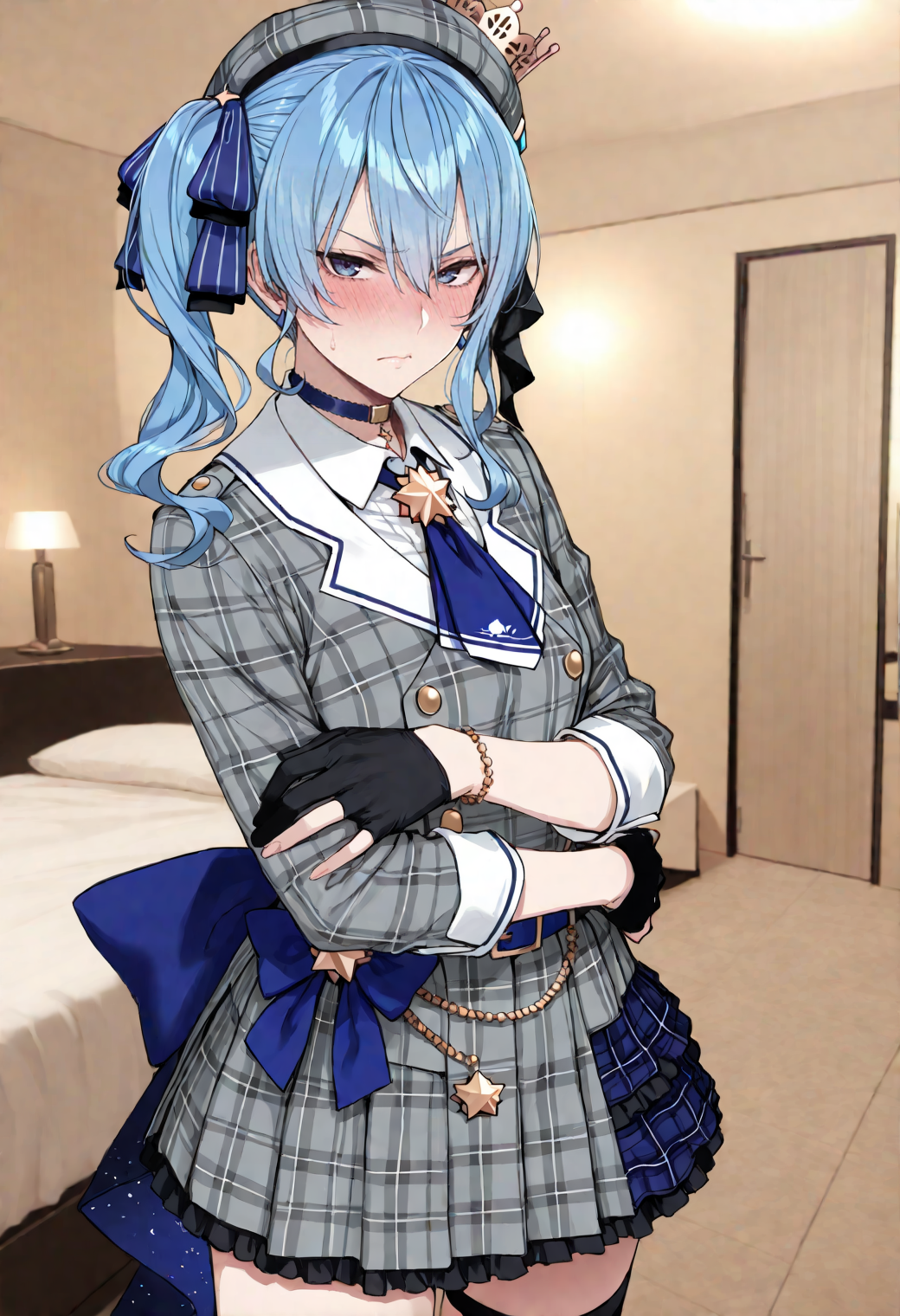 1girl ai_generated angry angry_expression angry_face annoyed annoyed_expression arms_crossed asian asian_female bedroom before_sex blue_hair blush breasts clothed clothed_female hololive hololive_japan hoshimachi_suisei imminent_interracial imminent_sex light-skinned_female light_skin looking_at_viewer steam steamy_breath sweat sweatdrop thick_thighs thighs underdog454545 virtual_youtuber vtuber