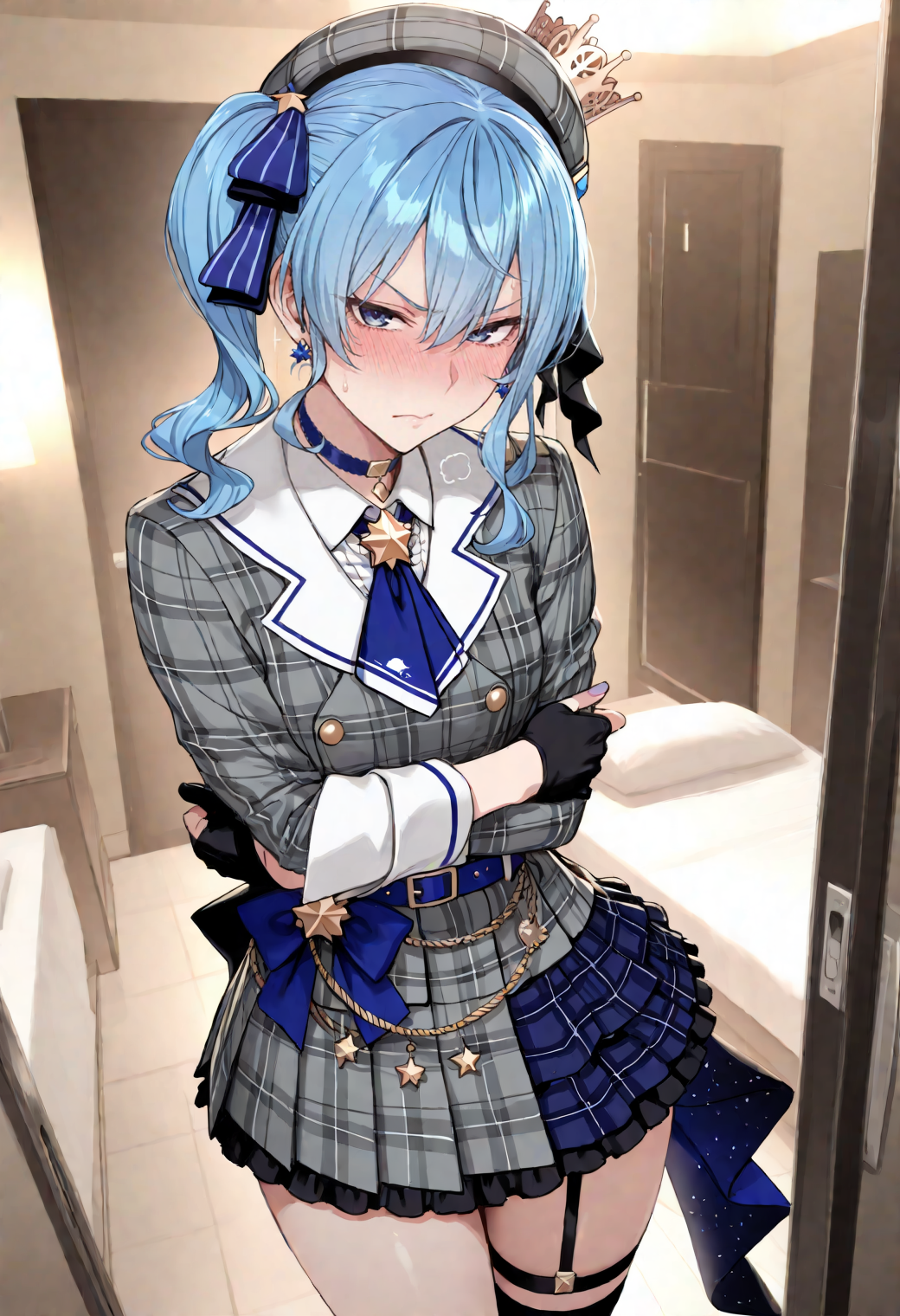 1girl ai_generated angry angry_expression angry_face annoyed annoyed_expression arms_crossed asian asian_female bedroom before_sex blue_hair blush breasts clothed clothed_female hololive hololive_japan hoshimachi_suisei imminent_interracial imminent_sex light-skinned_female light_skin looking_at_viewer steam steamy_breath sweat sweatdrop thick_thighs thighs underdog454545 virtual_youtuber vtuber
