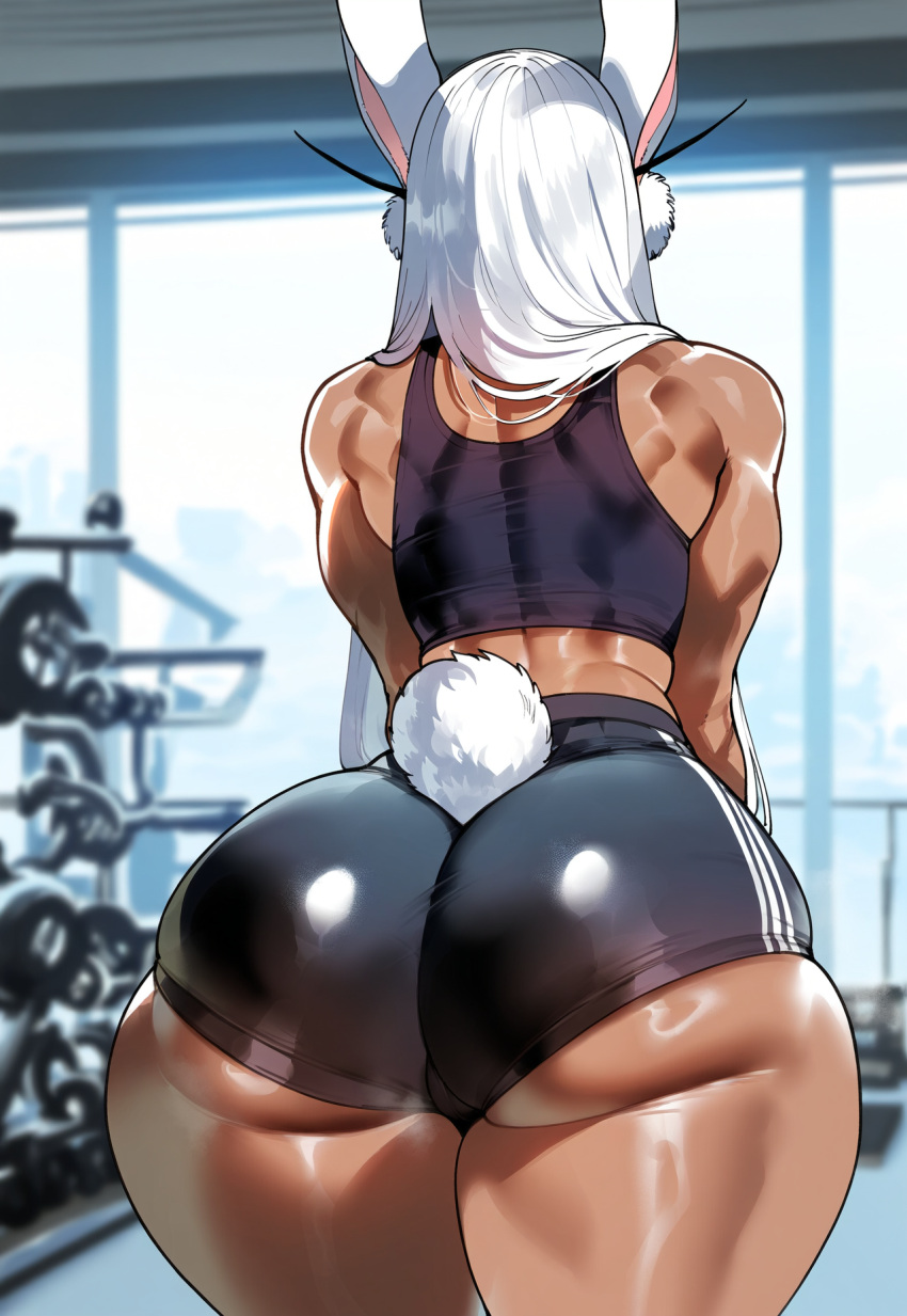 1girl ai_generated ass curvy curvy_female curvy_figure dark-skinned_female gym_clothes miruko my_hero_academia rabbit_ears rabbit_girl rumi_usagiyama white_hair