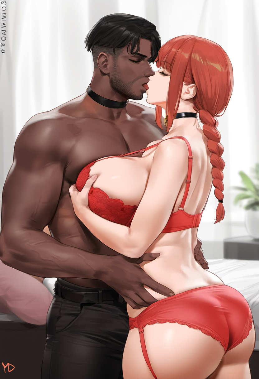 1boy1girl 1girl ai_generated ass braid chainsaw_man curvy curvy_female curvy_figure dark-skinned_male kissing lingerie long_hair makima_(chainsaw_man) red_hair