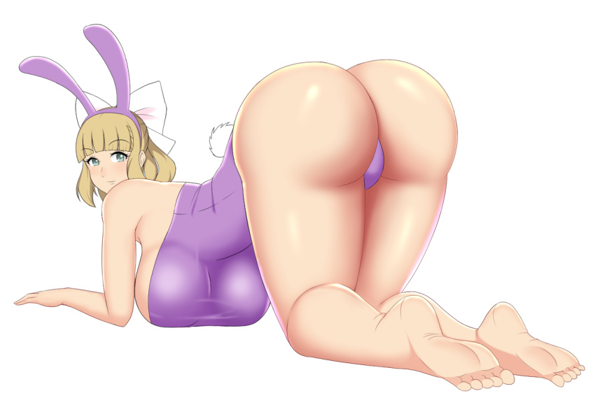 1girl 1girl 1girl all_fours alluring alternate_ass_size alternate_breast_size alternate_costume alternate_hairstyle ass bangs bare_legs barefoot big_ass big_breasts big_breasts blonde_female blue_eyes bow bunny_ears bunny_girl bunnysuit bursting_breasts charlotte_(fire_emblem) female_only fire_emblem fire_emblem_fates intelligent_systems kneel large_ass leotard looking_at_viewer looking_back mangakay84 nintendo short_hair smile solo_female thick_thighs tight_clothing white_background