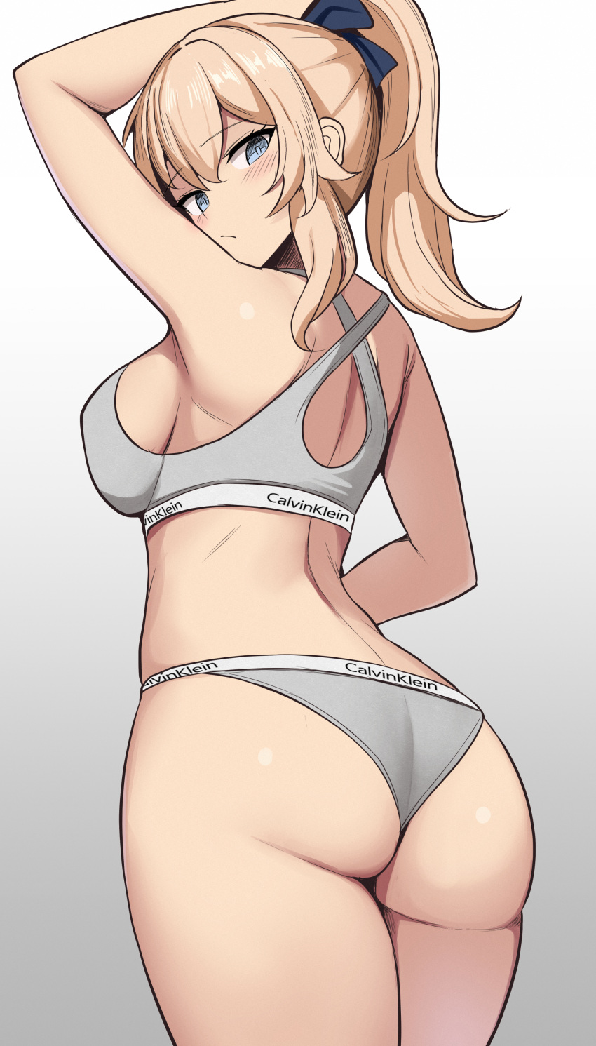 1girl 1girl 1girl alluring ass ass_cheeks blonde_hair blue_eyes bra bubble_ass bubble_butt calvin_klein from_behind genshin_impact jean_gunnhildr katsuragi_nantoka looking_at_viewer panties ponytail sideboob thick_thighs underwear wide_hips
