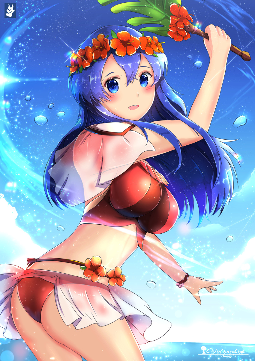 1girl 1girl alluring alternate_costume artist_logo artist_name ass bikini blue_eyes blue_hair blush breasts chinchongcha cloud cloudy_sky cowboy_shot day female_focus fire_emblem fire_emblem:_the_binding_blade fire_emblem_heroes flower hair_between_eyes hair_flower hair_ornament head_wreath high_res intelligent_systems leaf lilina_(fire_emblem) lilina_(summer)_(fire_emblem) logo long_hair looking_at_viewer medium_breasts nintendo ocean open_mouth outside red_bikini see-through_clothes sky smile straight_hair swimsuit thighs water water_drop wristband