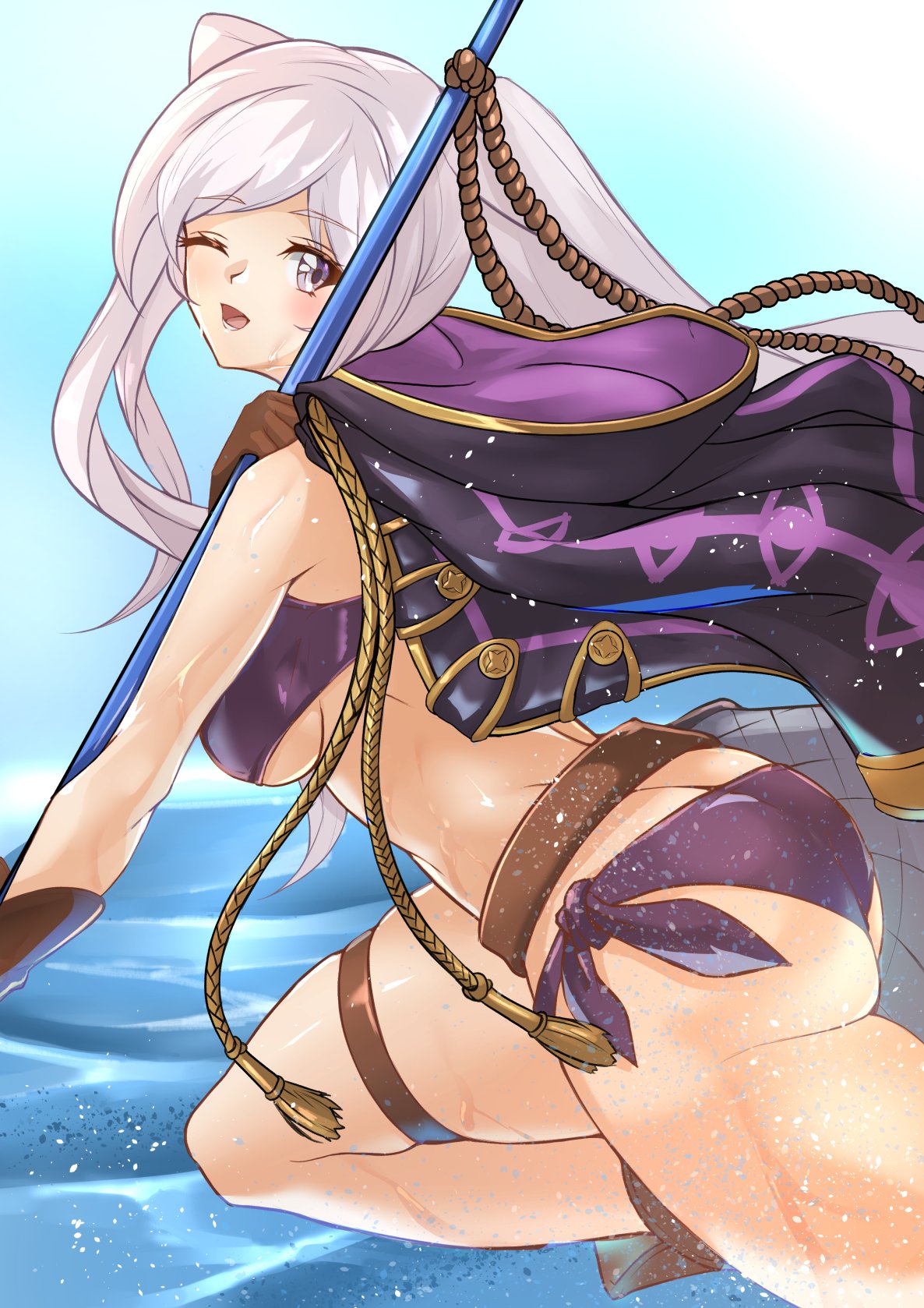 1girl 1girl alluring ass belt big_breasts bikini blush brown_gloves butt_crack deekei fire_emblem fire_emblem_awakening fire_emblem_heroes fire_emblem_warriors fishing_net gloves grey_hair high_res intelligent_systems jewelry long_hair looking_at_viewer medium_breasts nintendo o-ring o-ring_bikini official_alternate_costume one_eye_closed open_mouth polearm purple_bikini purple_eyes robe robin_(fire_emblem) robin_(fire_emblem)_(female) robin_(summer)_(fire_emblem)_(female) sideboob skindentation smile swimsuit thighs trident twin_tails under_boob weapon