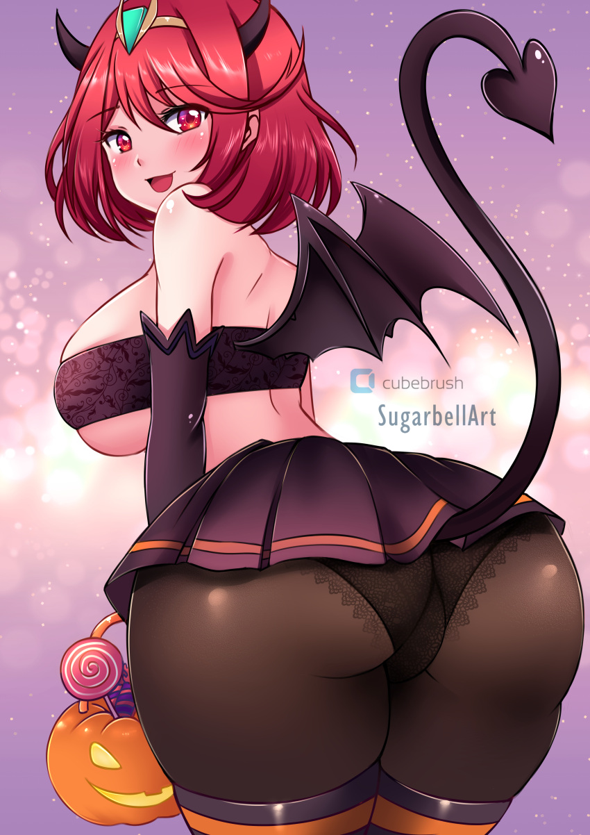 1girl absurd_res alluring ass big_breasts black_bra black_gloves black_panties black_pantyhose black_skirt black_thighhighs blush bra bubble_background candy demon_girl demon_horns demon_tail demon_wings floral_print food from_behind gloves halloween halloween_bucket halloween_costume headpiece high_res holding horns lace lace-trimmed_panties lace_trim leaning_forward light_particles lollipop looking_at_viewer looking_back nintendo open_mouth panties panties_under_pantyhose pantyhose print_bra purple_background pyra_(xenoblade) red_eyes red_hair short_hair skirt smile standing stockings strapless strapless_bra sugarbell tail under_boob underwear wings xenoblade_(series) xenoblade_chronicles_2