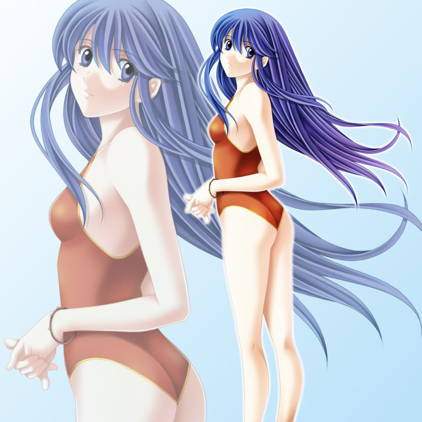 1girl alluring ass bikini blue_background blue_eyes blue_hair fire_emblem fire_emblem:_the_binding_blade high_res intelligent_systems lilina_(fire_emblem) long_hair nintendo one-piece_bikini standing swimsuit tamamon zoom_layer