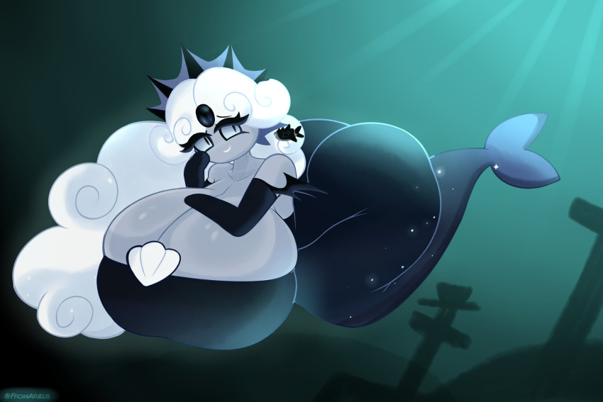 1girl ass black_pearl_cookie breasts cleavage cookie cookie_run curly_hair female forehead_jewel fromariels grey_skin huge_ass huge_breasts hyper_ass hyper_breasts merfolk mermaid mermaid_tail no_nose shipwreck solo underwater water white_hair