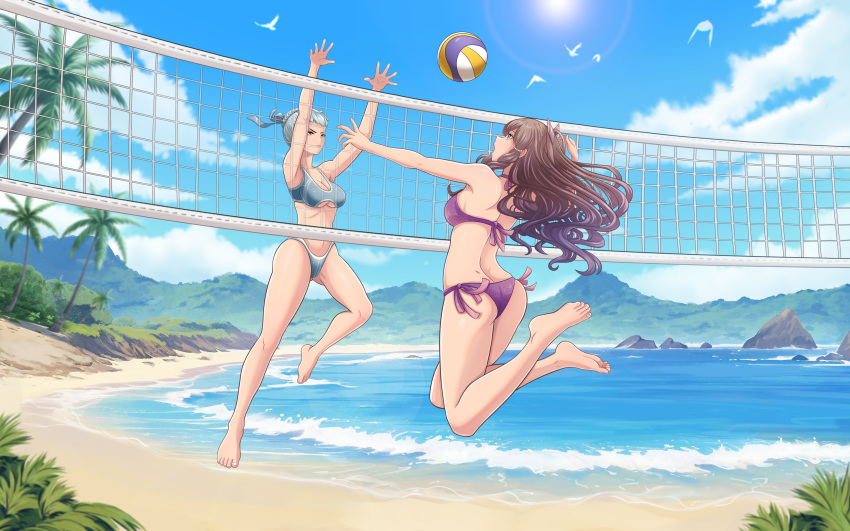 2_girls absurd_res alluring alternate_costume ass barefoot beach beach_volleyball bikini bird blue_bikini blue_hair brown_hair cleavage cloud commentary commission english_commentary fire_emblem fire_emblem_awakening high_res intelligent_systems long_hair medium_breasts multiple_girls nintendo nirainini ocean palm_tree phila_(fire_emblem) purple_bikini short_hair stomach sumia_(fire_emblem) swimsuit third-party_source toes tree volleyball_net