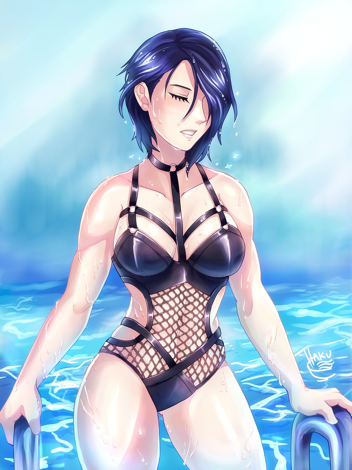 1girl 1girl 1girl alluring big_breasts blue_hair breasts closed_eyes female_focus female_only fire_emblem fire_emblem:_three_houses hakuramen intelligent_systems nintendo one-piece_bikini pool shamir_nevrand short_hair solo_female solo_focus swimming_pool swimsuit thick_thighs thighs wet wet_body