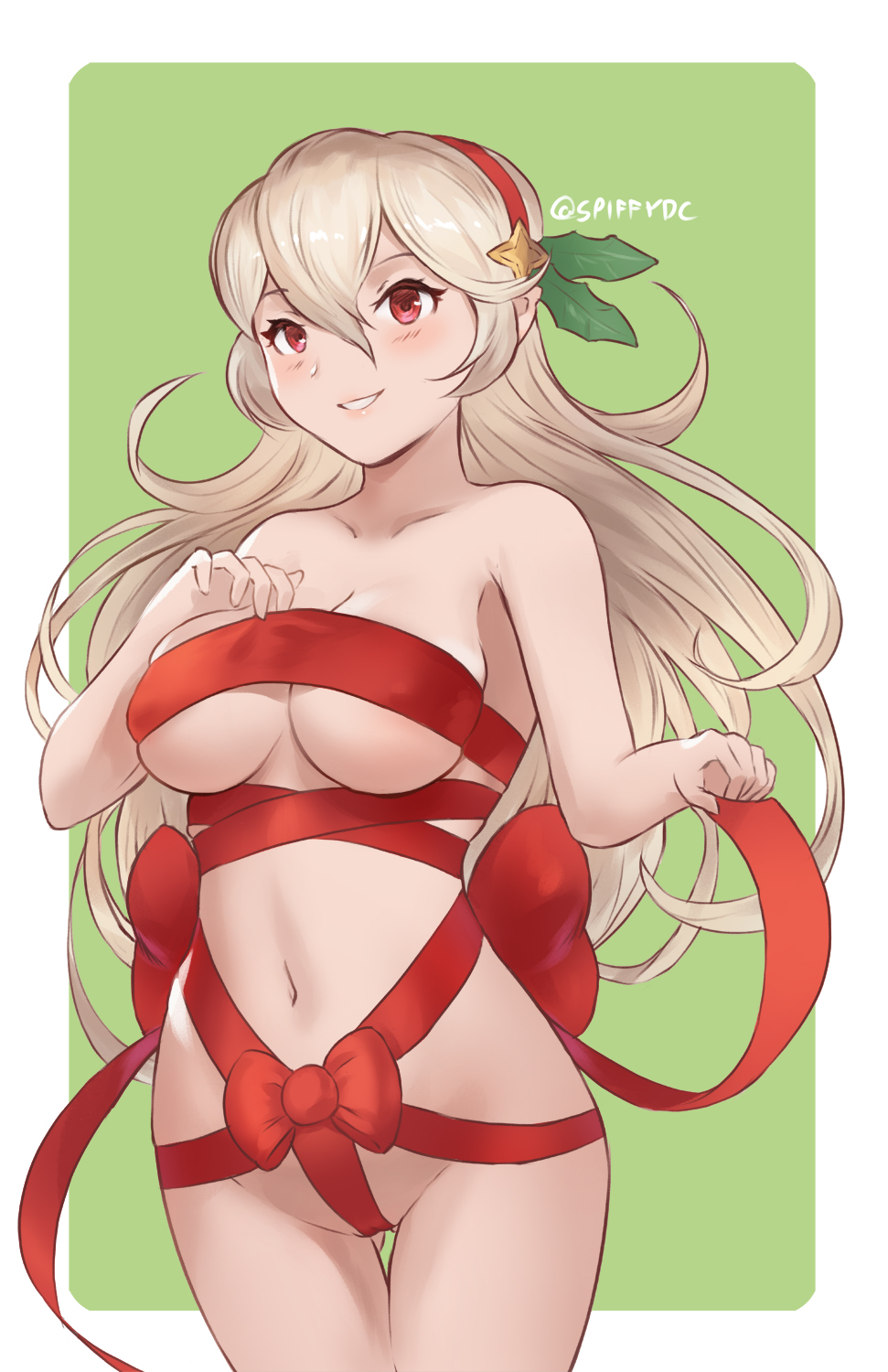 1girl 1girl 1girls alluring ass_visible_through_thighs bare_shoulders big_breasts blush bow christmas cleavage corrin_(fire_emblem) corrin_(fire_emblem)_(female) covered_nipples fire_emblem fire_emblem_fates fire_emblem_warriors gift intelligent_systems long_hair looking_at_viewer manakete mostly_nude navel nintendo present red_eyes ribbon ribbons smile spiffydc tagme thighs white_hair wrapped_up