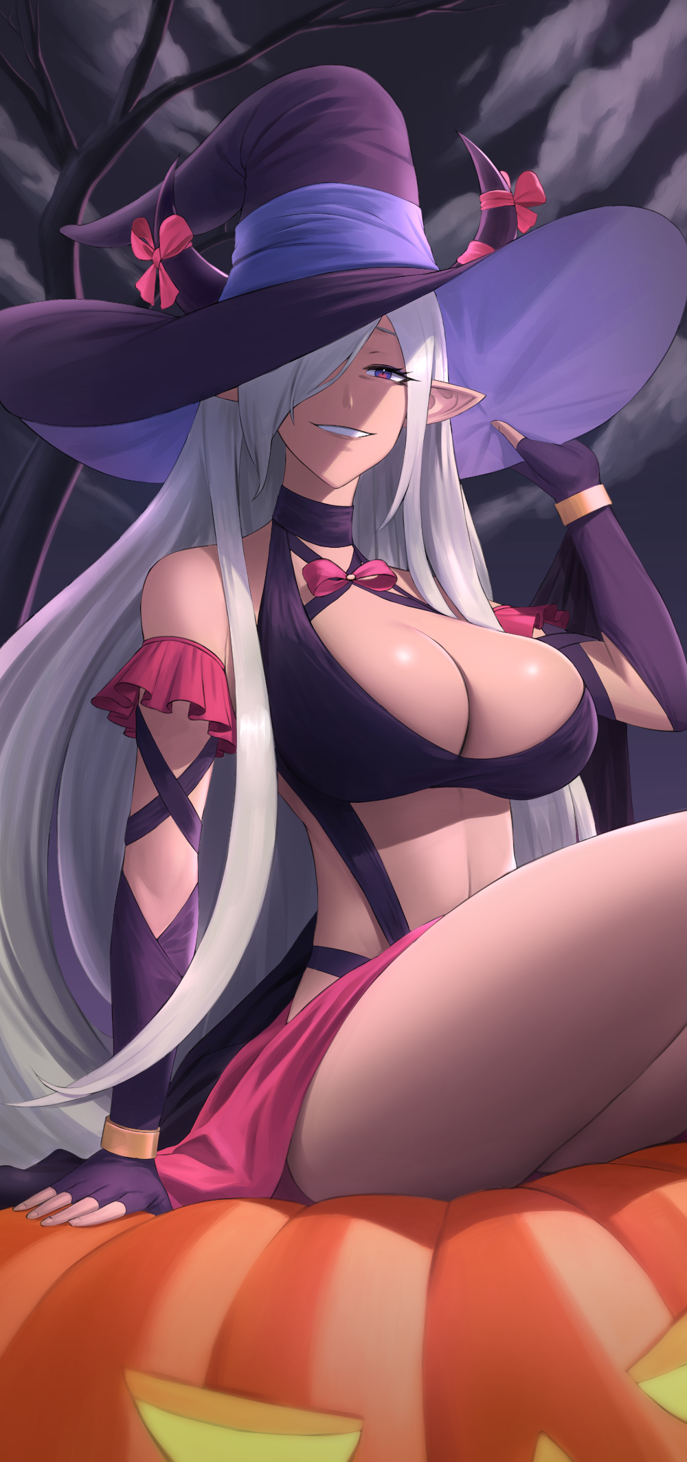 1girl 1girl 1girls alluring asymmetrical_horns bare_shoulders big_breasts cleavage cloud cloudy_sky dragon_girl female_only fire_emblem fire_emblem_engage grin hair_ornament hair_over_one_eye halloween halloween_costume hat high_res horns intelligent_systems long_hair looking_at_viewer mature_female navel nintendo pointy_ears pumpkin purple_eyes purple_ribbon revealing_clothes ribbon shou_illust sitting sky smile tan tassel tassel_hair_ornament uneven_horns very_long_hair witch_hat zephia_(fire_emblem)