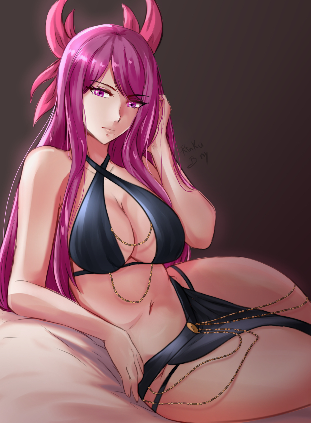 1girl adjusting_hair alluring alternate_costume bangs bare_arms bare_midriff bare_thighs beauty_mark big_breasts cleavage female_only fire_emblem fire_emblem_engage intelligent_systems ivy_(fire_emblem) long_hair midriff mole mole_under_mouth nintendo pelvic_curtain pink_eyes purple_hair rinku_bny thighs very_long_hair yomorio_lingerie