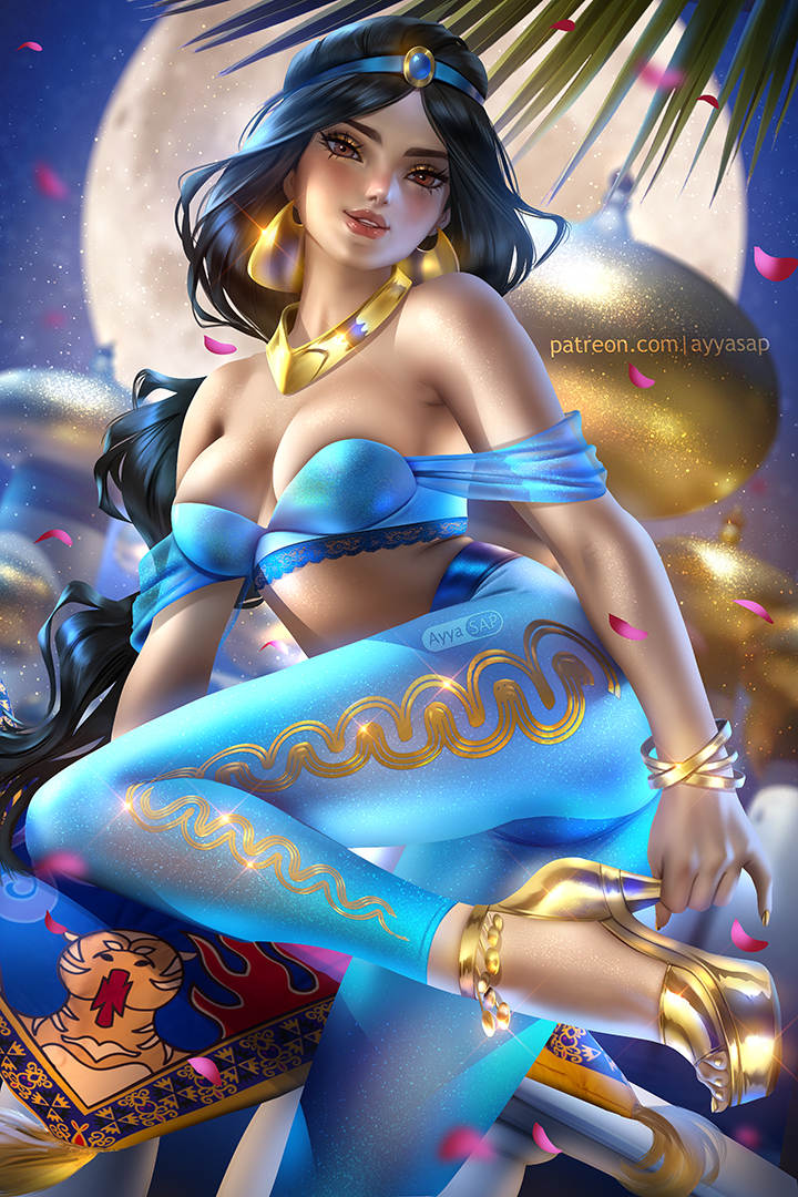 1girl agrabah agrabah_palace aladdin_(1992_disney_film) aladdin_(series) arabian_clothes arabian_female ass ayyasap bangs bare_shoulders big_breasts black_hair blue_pants blue_shirt blurry blurry_background blush bracelet breasts brown_eyes brown_eyeshadow carpet dark-skinned_female dark_skin depth_of_field disney disney_princess dutch_angle earrings eyeshadow female_only female_solo footwear full_moon gold_bracelet gold_earrings gold_footwear gold_high_heels gold_jewelry gold_necklace grin half-closed_eyes harem_outfit harem_pants head_tilt high_heels jewelry legs lips lipstick long_hair looking_at_viewer lots_of_jewelry magic magic_carpet makeup medium_breasts midriff moon nail_polish naughty_face neck necklace night night_sky off-shoulder_shirt off_shoulder outside palace palm_tree pants parted_bangs parted_lips petals princess princess_jasmine red_lipstick revealing_clothes shirt skin_tight sky smile standing standing_on_one_leg star starry_sky thighs tied_hair tree very_long_hair yellow_nails