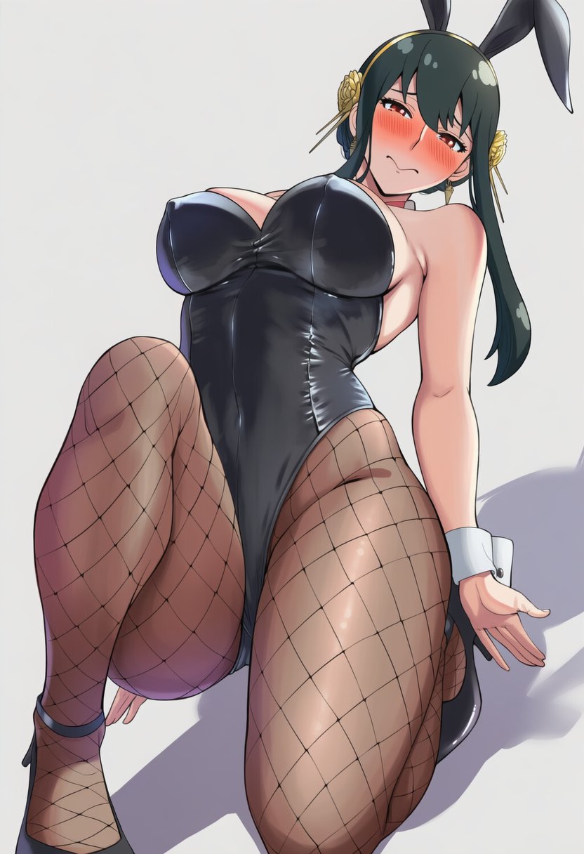 1girl ai_generated big_breasts black_hair blush breasts bunny_costume bunny_ears bunny_girl bunnysuit embarrassed embarrassed_female fishnets high_heels hourglass_figure jei_games kneel long_hair looking_at_viewer medium_breasts pantyhose slim_waist spy_x_family stockings tagme thick_thighs tied_hair under_boob white_background wide_hips yor_briar yor_forger