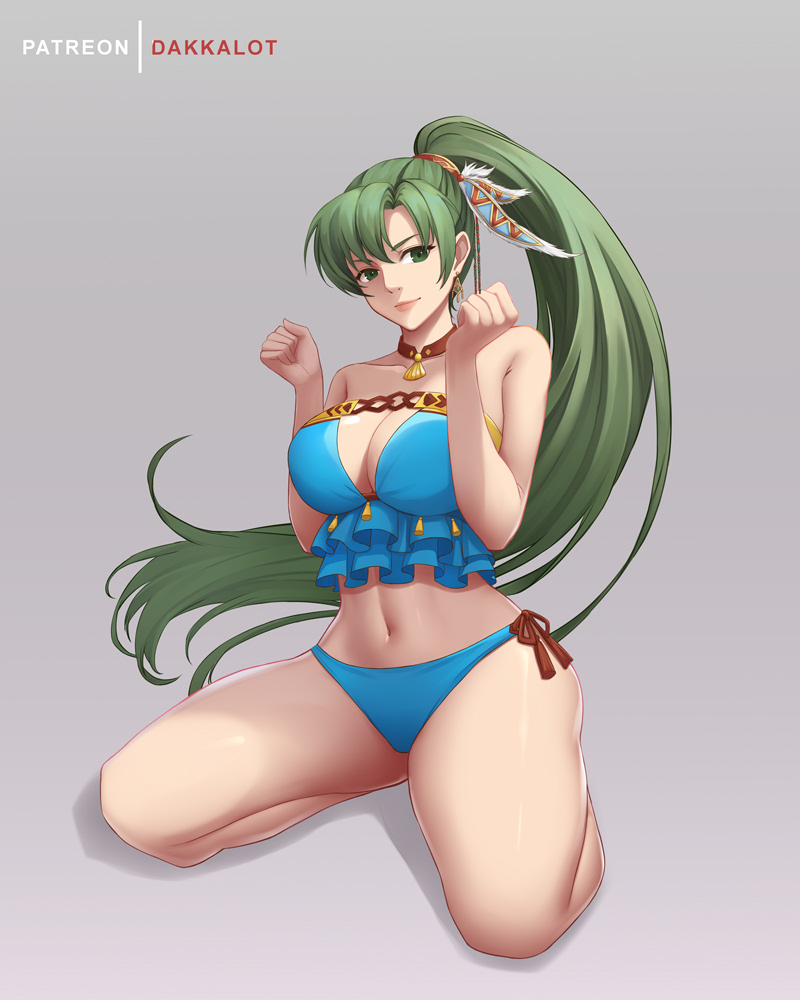 1girl alluring alternate_costume big_breasts bikini blue_bikini blue_swimsuit choker dakkalot feather_hair_ornament female_only fire_emblem fire_emblem:_the_blazing_blade fire_emblem_heroes fire_emblem_warriors green_eyes green_hair hair_ornament intelligent_systems kneel long_hair looking_at_viewer lyn lyn_(fire_emblem) lyndis lyndis_(fire_emblem) midriff navel nintendo official_alternate_costume ponytail side-tie_bikini swimsuit