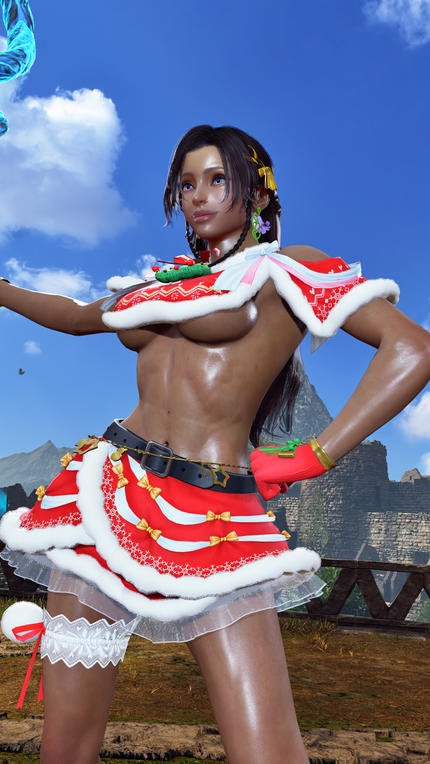 1girl alluring athletic_female big_breasts bikini brown_hair christmas envy15re2lm female_abs fit_female miary_zo namco posing red_eyes staff tekken tekken_8 under_boob