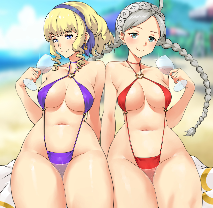 2_girls absurd_res ahoge alternate_costume big_breasts bikini blonde_hair blue_eyes braid breasts constance_von_nuvelle cup drinking_glass fire_emblem fire_emblem:_three_houses fire_emblem_fates fire_emblem_heroes hairband high_res long_hair looking_at_viewer md5_mismatch medium_hair multiple_girls nina_(fire_emblem) nintendo one-piece_bikini purple_one-piece_bikini red_bikini red_one-piece_bikini redkite333 resolution_mismatch silver_hair source_smaller swimsuit twin_braids wakamezake wine_glass