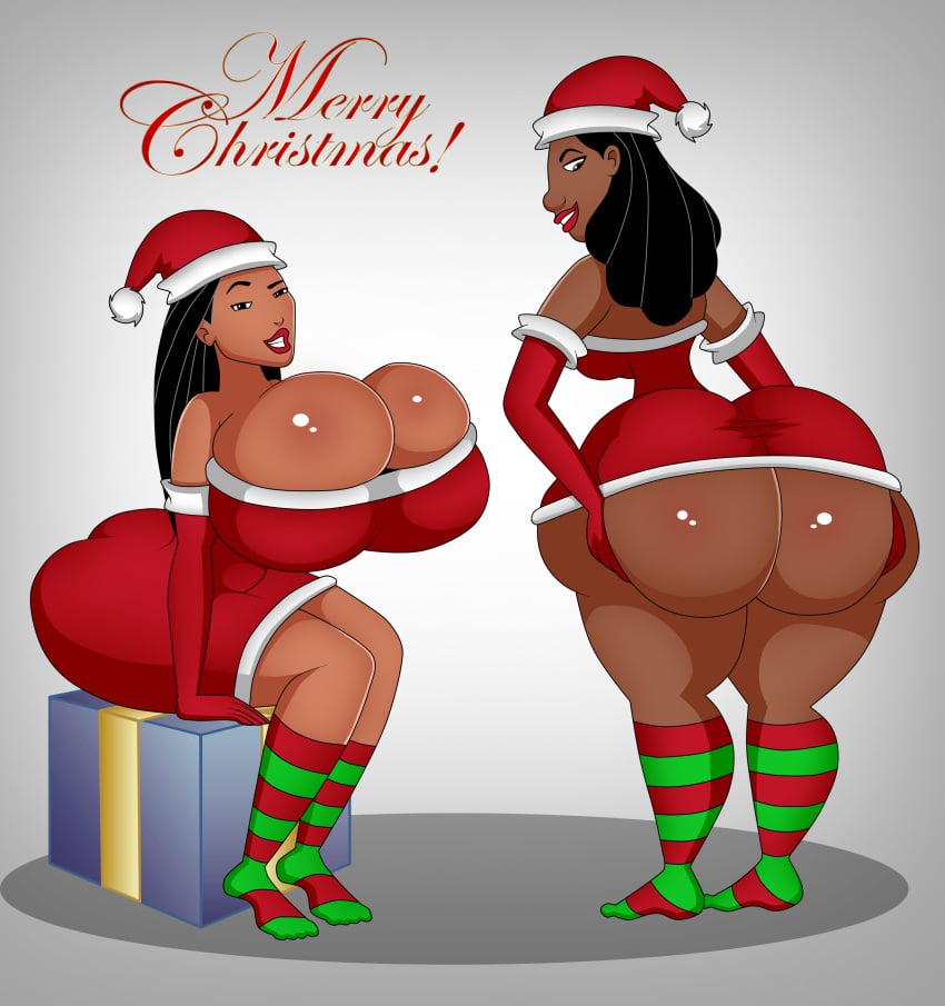 2_girls ass big_ass big_breasts black_hair breasts christmas dark-skinned_female dark_skin disney huge_ass huge_breasts legs lilo_and_stitch nani_pelekai native_american native_american_female pocahontas pocahontas_(character) santa_costume vanilladream34