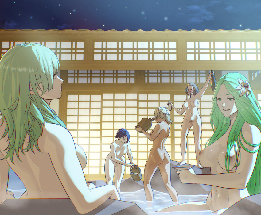 5girls absurd_res alcohol alluring armpits ass back big_breasts blonde_hair blue_hair bottle brown_hair bucket byleth_(fire_emblem) byleth_(fire_emblem)_(female) catherine_(fire_emblem) choko_(cup) commentary completely_nude cup dark-skinned_female dark_skin drunk english_commentary female_pubic_hair fire_emblem fire_emblem:_three_houses flower from_behind gluteal_fold green_eyes green_hair hair_flower hair_ornament high_res holding holding_bottle intelligent_systems long_hair manuela_casagranda medium_breasts multiple_girls navel night night_sky nintendo nipples nude onsen outside pomelomelon ponytail pubic_hair purple_eyes rhea_(fire_emblem) same-sex_bathing shamir_nevrand shared_bathing short_hair sky star_(sky) starry_sky very_long_hair wading wooden_bucket