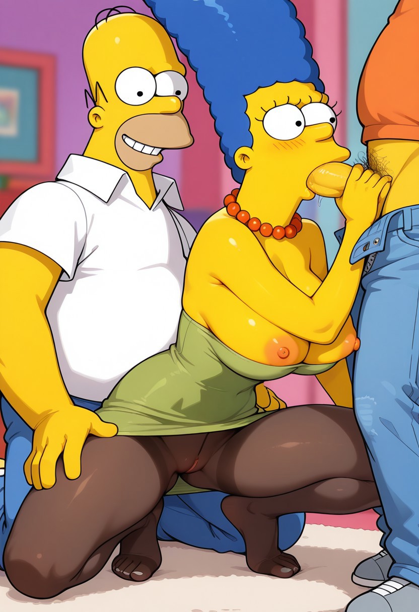 big_breasts erect_nipples erect_penis fellatio homer_simpson huge_penis marge_simpson pantyhose shaved_pussy the_simpsons thighs threesome