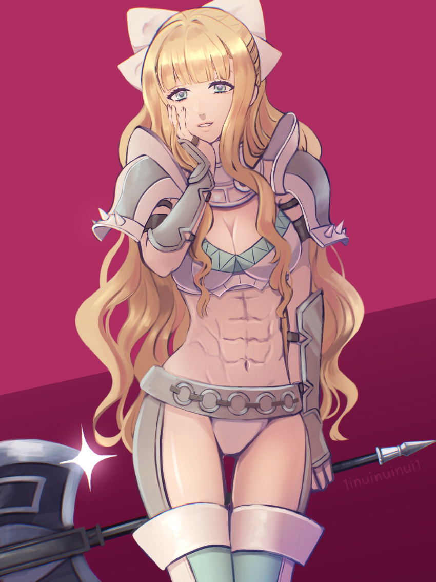 1girl 1inuinuinui1 abs armor athletic_female axe battle_axe bikini_armor blonde_hair blunt_bangs bow charlotte_(fire_emblem) female_abs fire_emblem fire_emblem_fates fit_female hair_bow high_res holding holding_axe intelligent_systems nintendo pauldrons shoulder_armor wavy_hair weapon white_bow