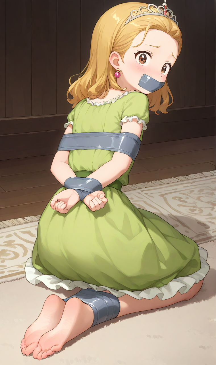 1girl ai_generated blonde_hair earrings gag light-skinned_female looking_behind princess_amber sofia_the_first tape_gag tiara tied_hands tied_legs tied_up