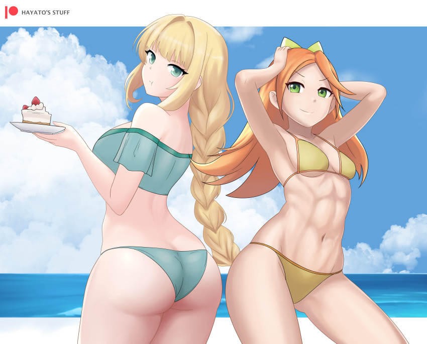 2_girls abs absurd_res alluring alternate_costume ass athletic_female bare_shoulders bikini blonde_hair bow braid braided_ponytail cake cake_slice cleavage cloud cloudy_sky commentary cowboy_shot eating english_commentary etie_(fire_emblem) female_abs fire_emblem fire_emblem:_three_houses fit_female food green_bikini green_eyes hair_bow hands_on_own_head hayato_stuff high_res holding holding_plate ingrid_brandl_galatea ingrid_brandl_galatea_(summer) intelligent_systems long_hair looking_at_viewer looking_back medium_breasts multiple_girls navel nintendo ocean off-shoulder_bikini off_shoulder official_alternate_costume orange_hair plate sky small_breasts smile strawberry_shortcake string_bikini swimsuit very_long_hair yellow_bikini