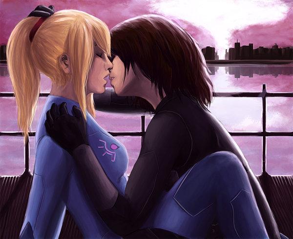 2_girls arm_support black_bodysuit blonde_female blonde_hair blue_bodysuit bodysuit breasts closed_eyes couple crossover dark_brown_hair duo female/female female_only femdom femsub halo_(series) high_ponytail hugging incipient_kiss kissing lezdom long_hair love ma-rin ma-rin_(artist) master_chief medium_breasts metroid metroid_zero_mission multiple_girls mutual_yuri nicole_458 nintendo open_mouth outside parted_lips ponytail romantic romantic_couple samus_aran short_hair sitting skin_tight straight_hair tied_hair yuri zero_suit zero_suit_samus