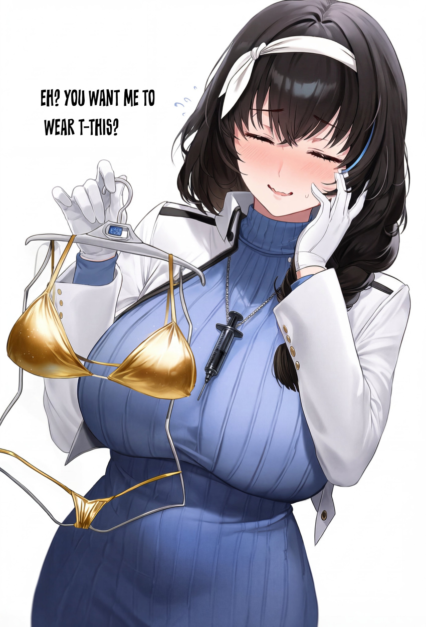 1girl ai_generated bikini blush breasts closed_eyes english_text goddess_of_victory:_nikke golden_bikini hand_on_own_face huge_breasts light-skinned_female light_skin mary_(nikke) sweat sweatdrop text thefelix white_background