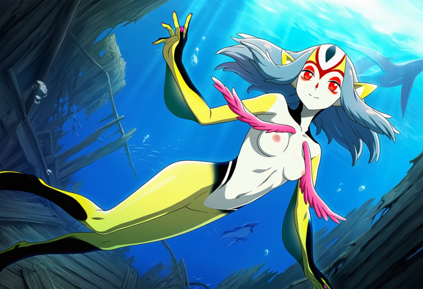 1girl ai_generated blue_submarine_no._6 breasts completely_nude female mutio nipples nude nude_female pointy_ears red_eyes shipwreck short_hair silver_hair siren-module solo underwater