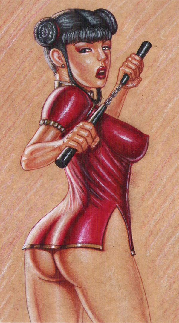 1girl asian ass black_hair breasts clothed_breasts earrings edithemad erect_nipples_under_clothes female_only first_porn_of_franchise lady_(lady_master_of_kung_fu) lady_master_of_kung_fu looking_back nopan nunchaku ox_horns traditional_media_(artwork)