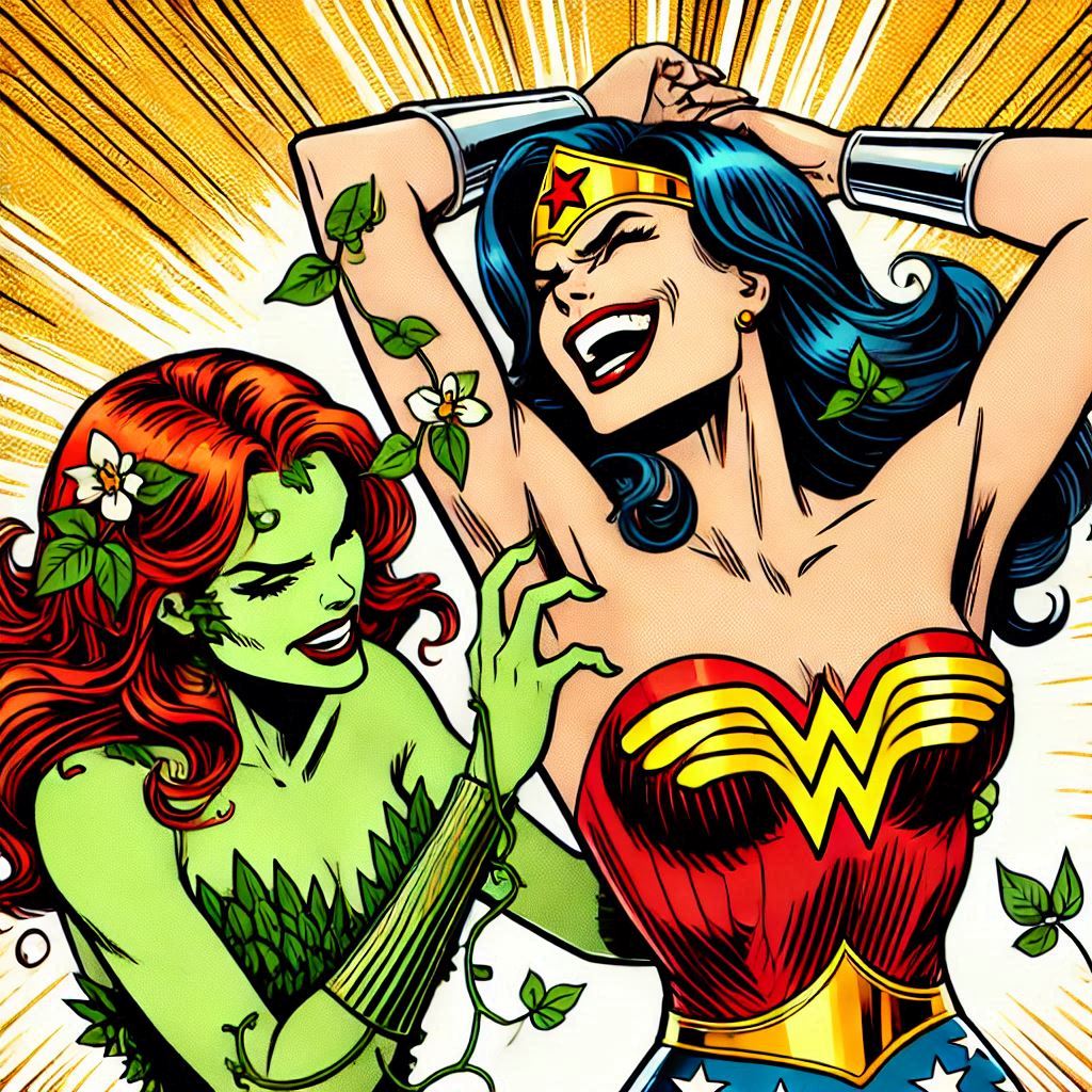 2_girls amazon armpits arms_up bangs bare_arms bare_shoulders batman_(series) black_hair black_lipstick blue_leotard bracer breasts cleavage closed_eyes collarbone couple dc_comics dcau diana_prince duo earrings female/female female_only femdom femsub floating_hair flower gold_earrings gold_jewelry green_leotard green_skin hair_flower hair_ornament hands_up happy head_tilt heroine jewelry justice_league justice_league_unlimited laugh laughing leaf leaf_clothing leaf_hair_ornament leaves leotard lezdom lips lipstick long_hair lower_teeth makeup medium_breasts multicolored_clothes multicolored_leotard multiple_girls mutual_yuri naughty_face neck open_mouth pamela_isley parted_bangs plant plant_girl poison_ivy red_hair red_leotard red_lipstick round_teeth small_breasts smile standing star star_(symbol) star_print straight_hair strapless strapless_leotard superhero_costume superheroine supervillainess teeth themysciran theone998 theone998_(artist) tiara tickle tickling tickling_armpits two-tone_leotard upper_teeth villainess wavy_hair white_flower wonder_woman wonder_woman_(series) yellow_background yuri