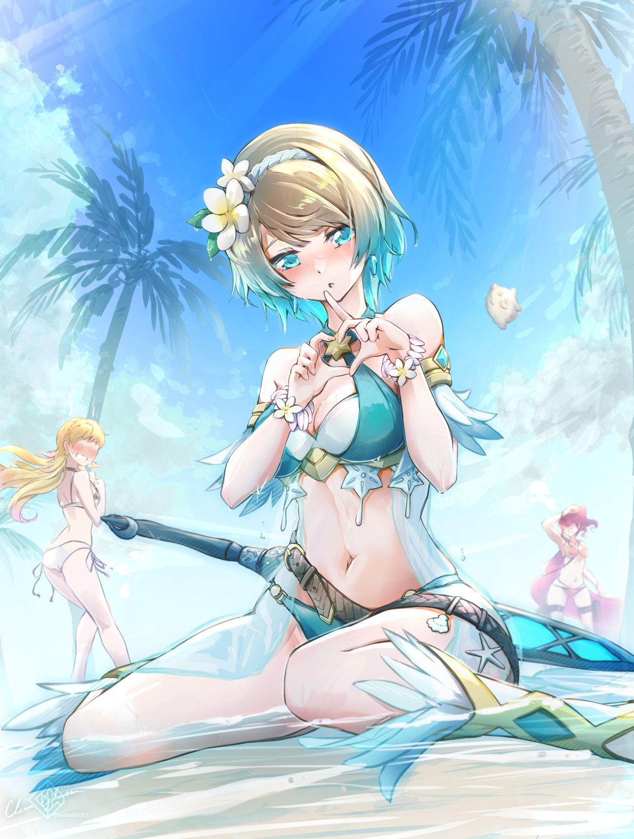 3_girls alluring alternate_costume anna_(fire_emblem) aqua_bikini ass bare_shoulders beach bikini blonde_and_teal_hair blonde_hair blue_bikini blue_eyes blue_sky blush breasts clear_glass_(mildmild1311) cleavage criss-cross_halter earrings feather_trim feh_(fire_emblem_heroes) fire_emblem fire_emblem_heroes fjorm_(fire_emblem) fjorm_(summer)_(fire_emblem) flower gradient_hair hair_flower hair_ornament halterneck high_res intelligent_systems jewelry long_sleeves looking_back medium_breasts multicolored_hair multiple_girls navel nintendo official_alternate_costume outside palm_tree red_bikini red_hair sharena_(fire_emblem) short_hair side-tie_bikini_bottom sky smile solo_focus swimsuit tree water white_bikini