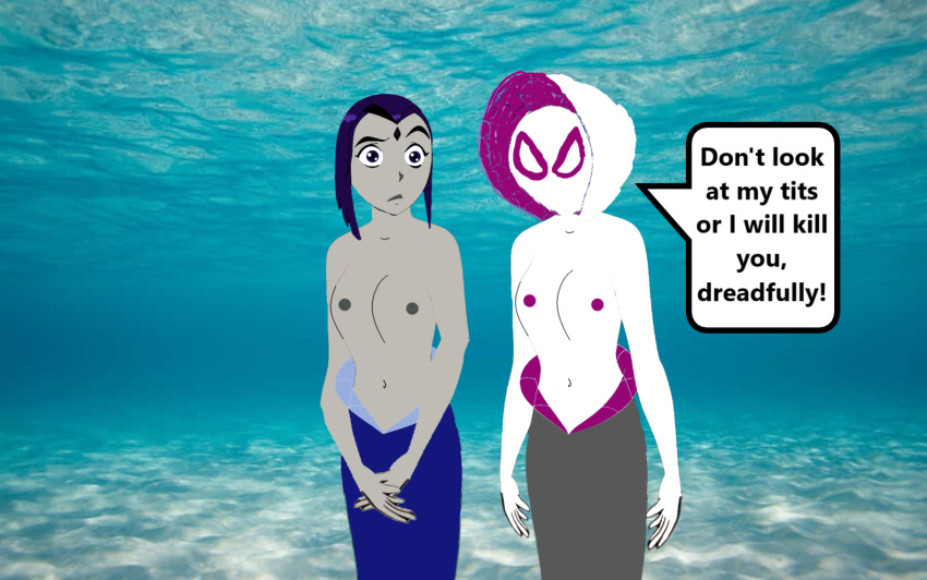 belly_button blue_tail breasts gray_skin mermaid mermaid_girl older older_female purple_eyes purple_hair raven_(dc) raven_(teen_titans) ravenravenraven speech_bubble spider-gwen topless topless_female young_adult young_adult_female young_adult_woman