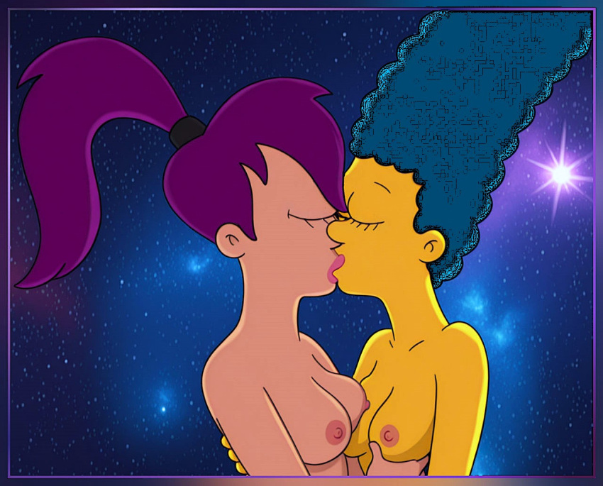 breasts crossover erect_nipples futurama lesbian_couple lesbian_kiss marge_simpson nude the_simpsons turanga_leela