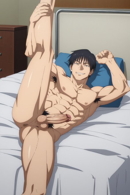 1boy abs ai_generated armpit_hair balls balls_out balls_peek erect_nipples erect_penis erection gilxxgamesh jujutsu_kaisen male male/male male_focus male_only muscle muscular muscular_male nipples nude penis toji_fushiguro yaoi