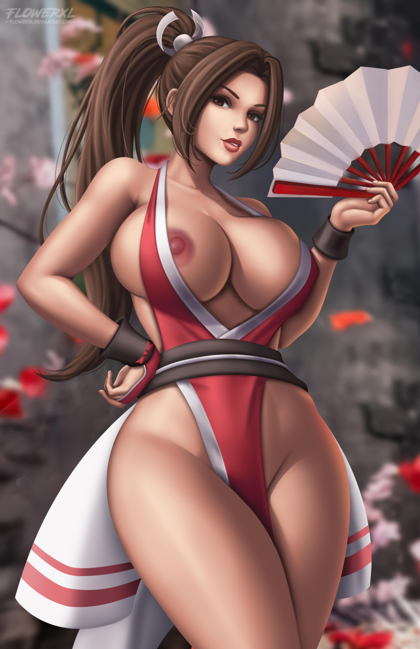 1girl 1girls artist_logo big_breasts breasts brown_eyes brown_hair fatal_fury female_focus female_only flowerxl king_of_fighters kunoichi long_hair mai_shiranui nipples open_clothes ponytail snk standing tagme thick_thighs tight_clothing uwagi video_game_character