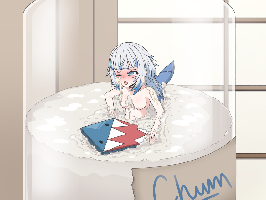 1girl 2021 4:3 absurd_res armpits blue_eyes blue_hair blush breasts cum cum_between_breasts cum_covered cum_in_container cum_jar cum_jar_(meme) cum_on_arm cum_on_body cum_on_breasts cum_on_face cum_on_hair cum_on_lower_body cum_on_upper_body female female_only gawr_gura high_res hololive hololive_english hololive_myth in_container indoors inksgirls jar medium_breasts meme minigirl multicolored_hair navel nipples nude one_eye_closed open_mouth partially_submerged shark_girl shark_tail sharp_teeth solo sweat swimming tail tears teeth text tongue trapped two-tone_hair virtual_youtuber window