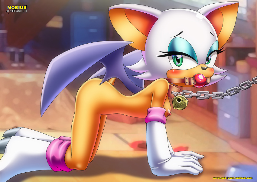 1girl all_fours anthro ball_gag bbmbbf bdsm blush bondage breasts chain_leash chains collar female female_only femsub gloves high_heels leash looking_at_viewer mobian_(species) mobius_unleashed nipples nude palcomix petplay rouge_the_bat sega solo sonic_the_hedgehog_(series) submissive submissive_anthro submissive_female